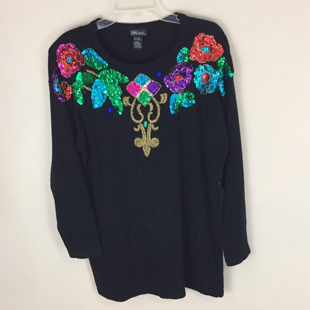 Vintage SML Glitz Black Sequined and Beaded Sweater Size Large